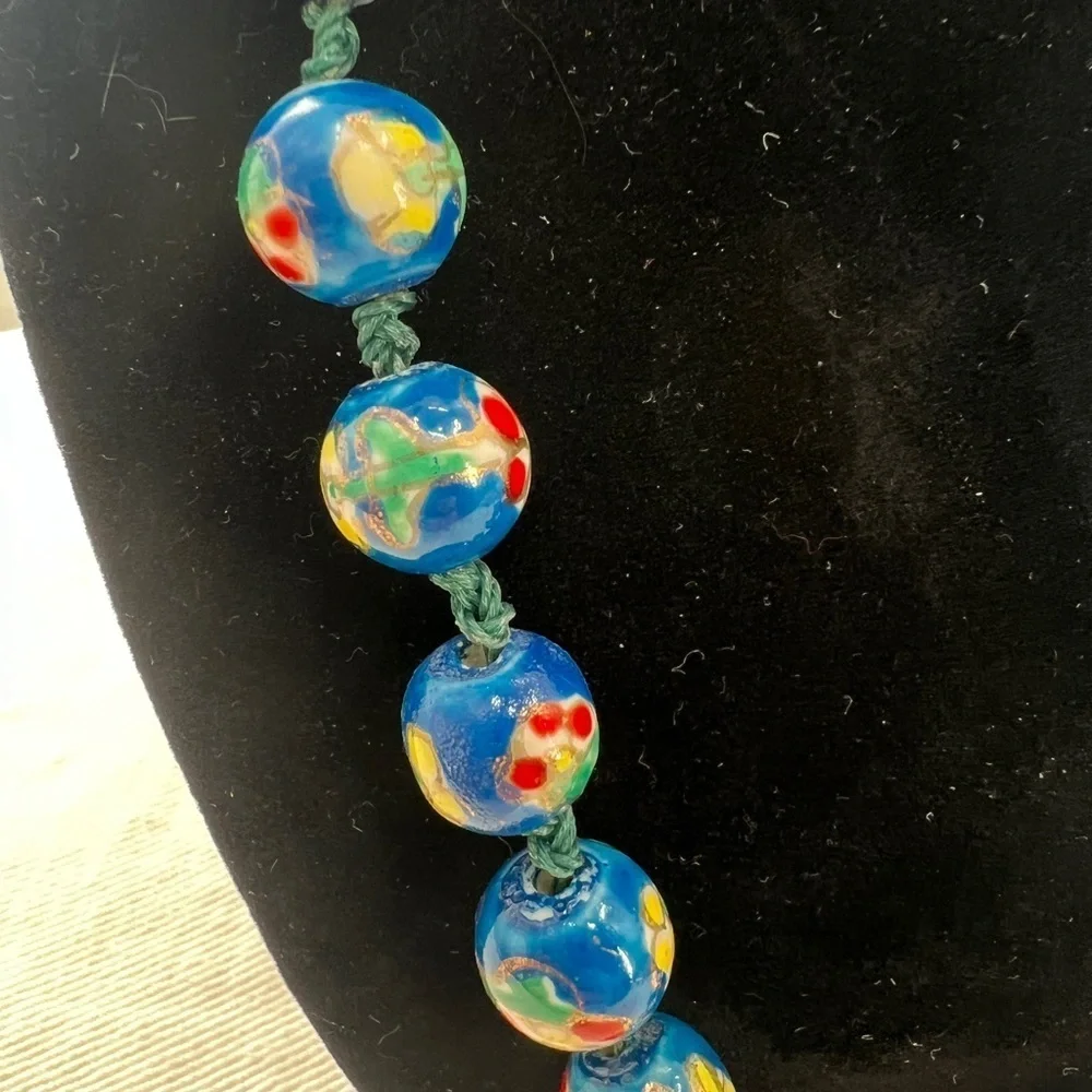 Vintage Blue Cloisonne Double Hand Knotted bead necklace and earrings